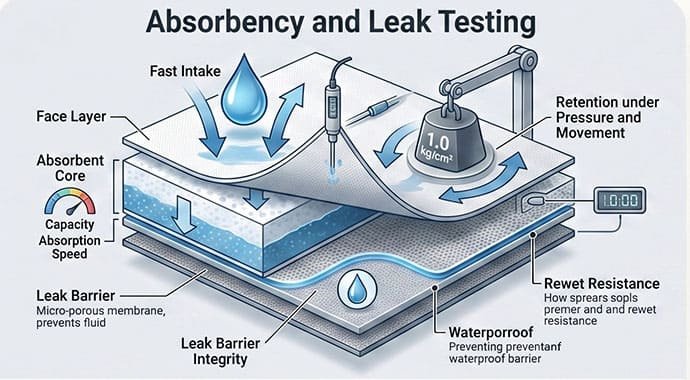 Absorbency and leak testing setup for functional period care fabrics