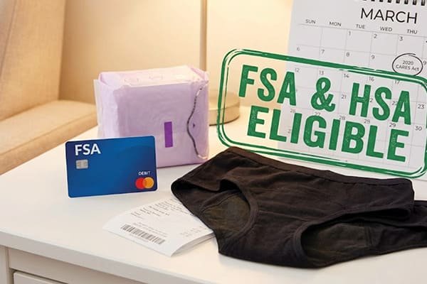 Are Period Underwear FSA Eligible Black period underwear next to an FSA debit card and calendar marking expense eligibility