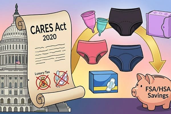 CARES Act menstrual products Infographic showing the CARES Act law making reusable period underwear and menstrual products tax-free