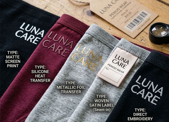 Close-up of logo printing options on private label period underwear