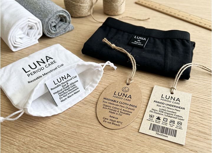 Custom woven care labels and hangtags for private label period care products