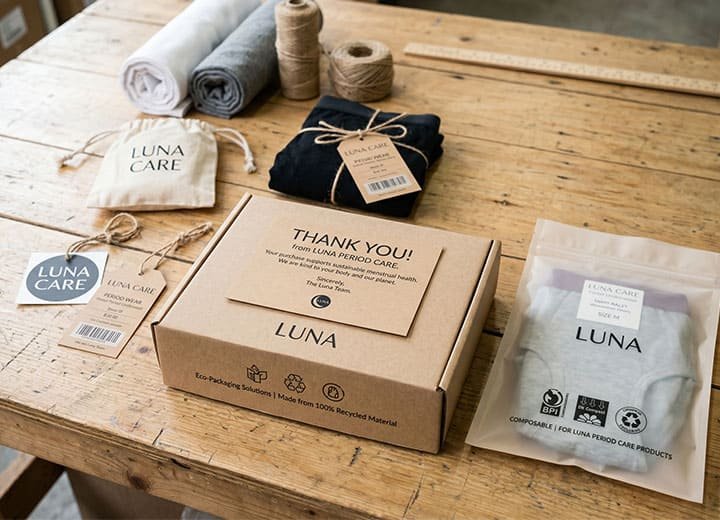 Eco-friendly packaging boxes, compostable polybags, and thank you cards for private label products