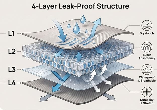 Exploded view illustration of a four-layer leak-proof fabric structure