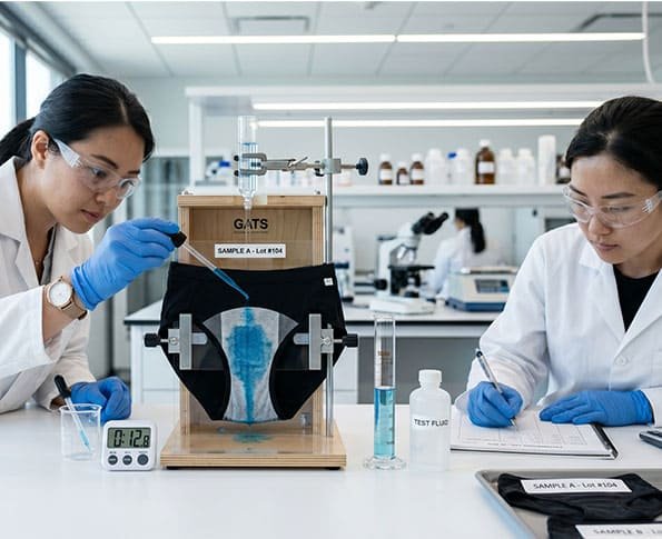 Functional testing lab for absorbency, retention, and leak-proof performance checks