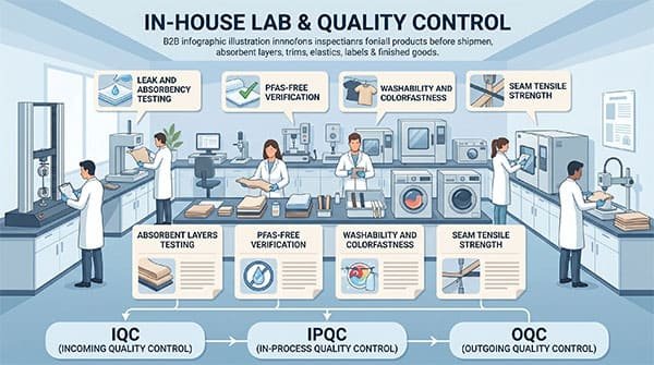 In-house laboratory testing instruments for absorbency, washability, colorfastness, and seam strength