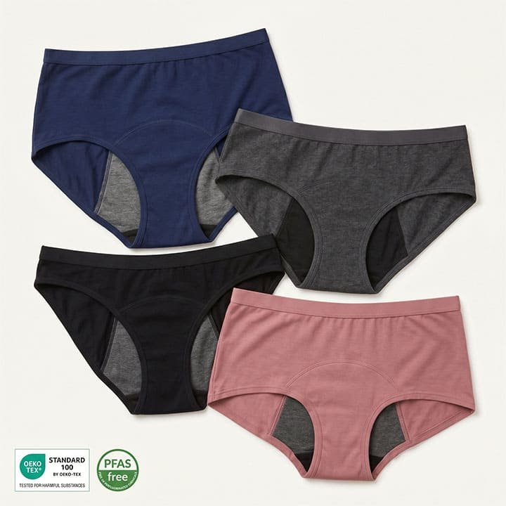 An infographic detailing the four-layer technology of beige period underwear: skin-friendly top layer, rapid absorbent core, leak-proof protection layer, and breathable bottom layer. Includes functional icons and background view of a quality assurance lab and production line.