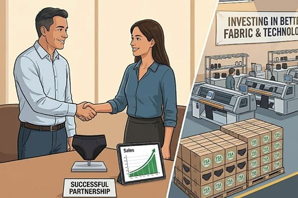 OEM period underwear manufacturer B2B partnership meeting next to a factory floor producing bulk quantities of custom period underwear