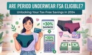 A modern-style illustration showing a smiling woman holding a pair of dark period underwear and an FSA debit card. Behind her, a calculator displays "+30% SAVINGS!" and a display stand showcases FSA-eligible products with an "FSA ELIGIBLE" label, along with tax-free funds labeled "CARES ACT APPROVED." At the top, a banner headline reads "ARE PERIOD UNDERWEAR FSA ELIGIBLE?" The overall design uses a contemporary illustration style with vibrant colors, aiming to explain and illustrate whether period underwear is eligible for FSA accounts.