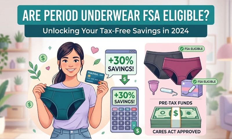 A modern-style illustration showing a smiling woman holding a pair of dark period underwear and an FSA debit card. Behind her, a calculator displays "+30% SAVINGS!" and a display stand showcases FSA-eligible products with an "FSA ELIGIBLE" label, along with tax-free funds labeled "CARES ACT APPROVED." At the top, a banner headline reads "ARE PERIOD UNDERWEAR FSA ELIGIBLE?" The overall design uses a contemporary illustration style with vibrant colors, aiming to explain and illustrate whether period underwear is eligible for FSA accounts.