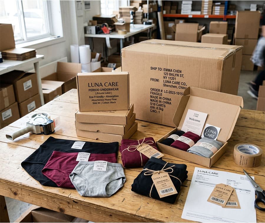 Private label period underwear, packaging boxes, hangtags, and branded product samples prepared for shipment